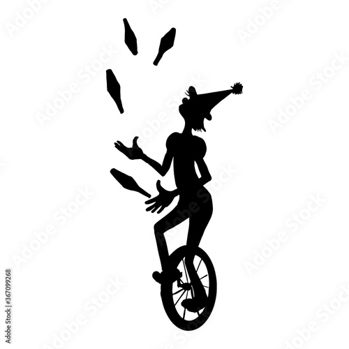 Silhoette of juggler on monobike. vector illustration