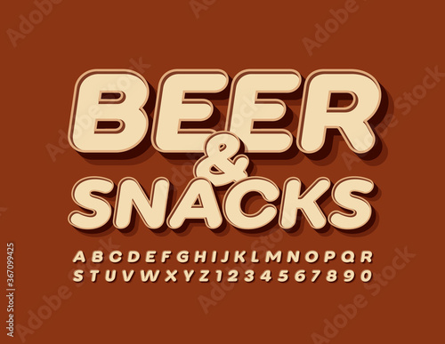 Vector menu template Beer & Snacks. 3D Brown Font. Set of Modern Alphabet Letters and Numbers