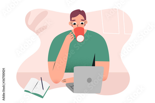 Young man working from home or cafe with notebook, laptop, drinking his coffee, making notes, caucasian guy character, vector illustration, concept of freelance job