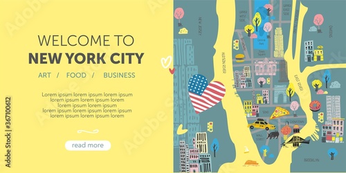 The template for a landing to travel to New York. Stylized decorative map with symbols of american city for the banner on the website for tourists. Cute cartoon flat vector illustration
