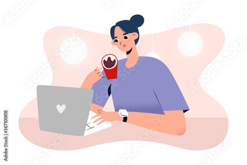 Young woman working in a cafe or coffee shop drinking coffee sitting at table and using her laptop, concept of freelance job, vector cartoon illustration, human character