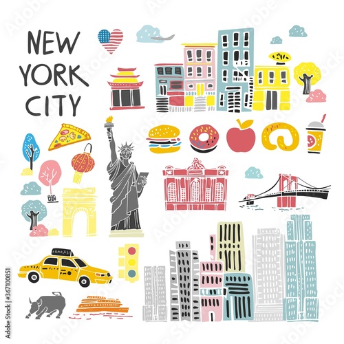 Set of decorative cartoon symbols of New York drawn by hand in pastel colors. Elements of American urban lifestyle for posters, cards, invitations, banners on the site. Flat cute vector illustration