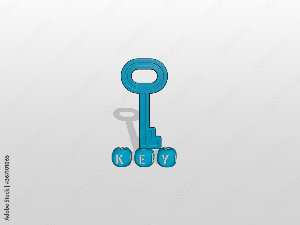3D representation of key with icon on the wall and text arranged by metallic cubic letters on a mirror floor for concept meaning and slideshow presentation. background and illustration 3D representation of key with icon on the wall and text arranged by metallic cubic letters on a mirror floor for concept meaning and slideshow presentation. background and illustration