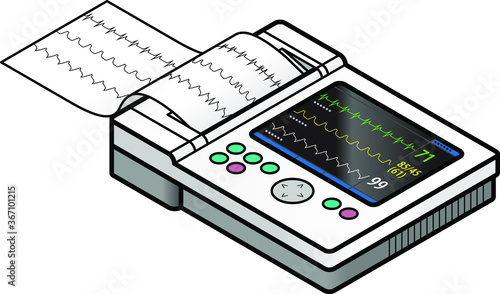 An all-in-one ECG/EKG machine with an integrated printer and print-out. Screen shows three graphs.