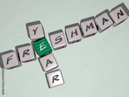 crosswords of freshman year arranged by cubic letters on a mirror floor, concept meaning and presentation