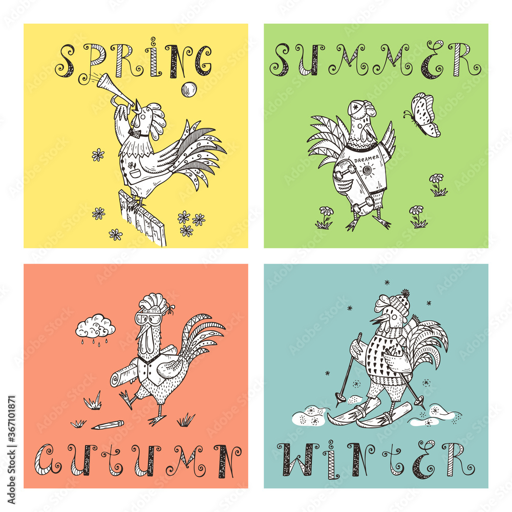 Different Funny Cartoon Roosters Vector Set. Four seasons icons. Times of year. Weather. Hand Drawn Doodle Cocks at different times of year. Rooster symbol of Chinese New Year
