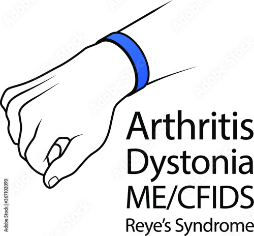 A hand with a cause bracelet. Blue, Arthritis, Dystonia, ME/CFIDS, Reye's Syndrome.