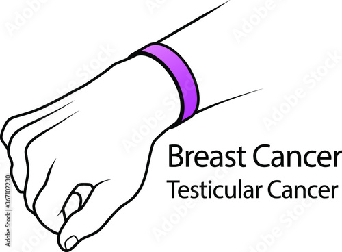 A hand with a cause bracelet. Pink, Breast Cancer, Testicular Cancer.