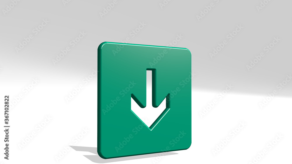 ARROW THICK DOWN from a perspective with the shadow. A thick sculpture made of metallic materials of 3D rendering. illustration and background ARROW THICK DOWN from a perspective with the shadow. A thick sculpture made of metallic materials of 3D rendering. illustration and background