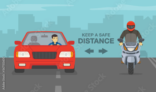 Modern red sedan car and sport motorcycle on a highway. Keep a safe distance poster design. Flat vector illustration template.