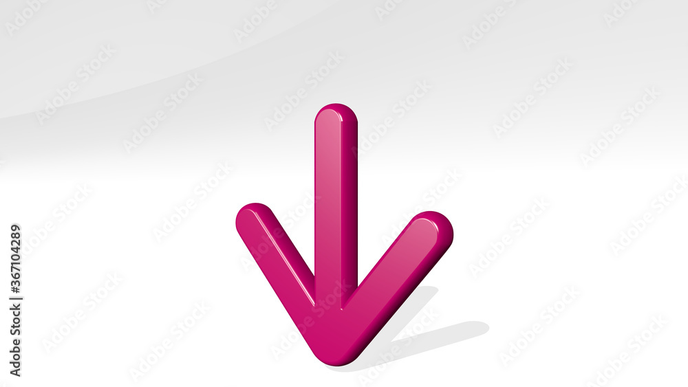 arrow down stand with shadow. 3D illustration of metallic sculpture over a white background with mild texture. icon and design arrow down stand with shadow. 3D illustration of metallic sculpture over a white background with mild texture. icon and design
