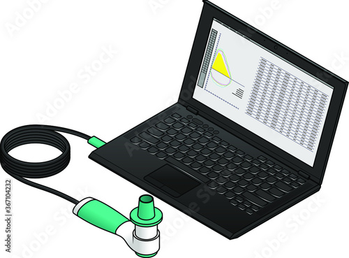 A digital spirometer connected to a laptop computer.