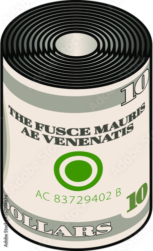 A roll of stylized iconic $10 USD bank note / paper money.