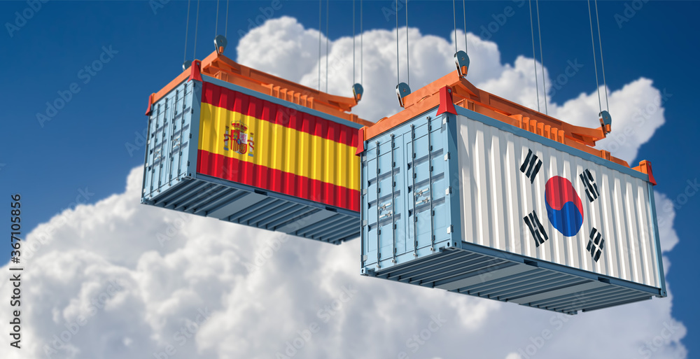 Freight containers with Spain and South Korea flag. 3D Rendering 