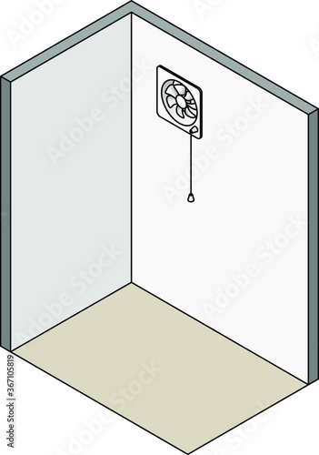 A wall-mounted exhaust fan with a switch cord.