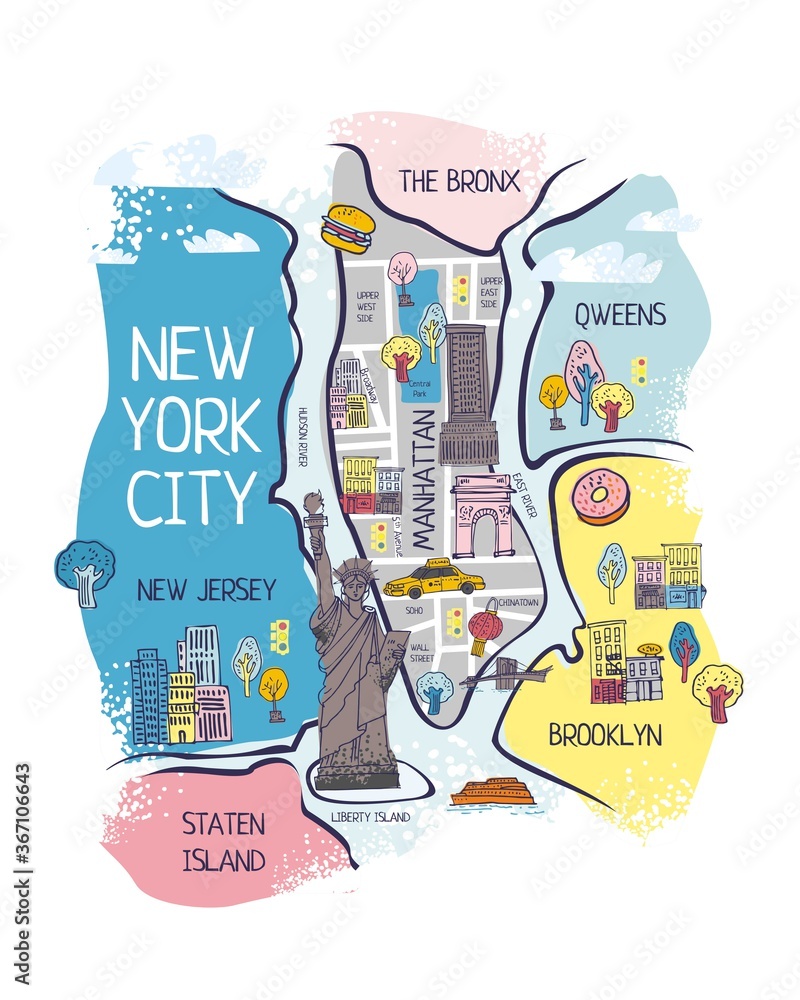Vecteur Stock Decorative map of new York hand drawn in a modern flat style  on a white background. Sights, symbols, areas of the city for tourist  guide. Promo for textiles. Poster for