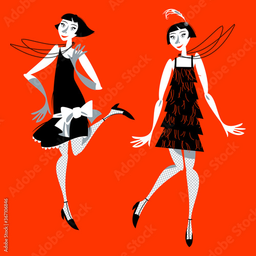 Two flapper girls dancing Charleston. Retro dancers.