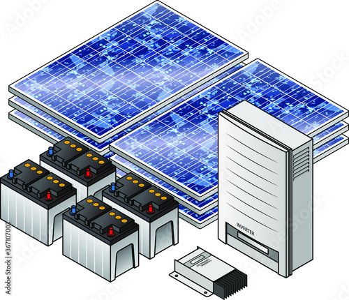 A domestic household solar power kit with polycrystalline solar panels and inverter.