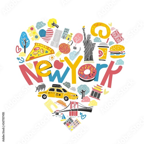 Color decorative heart with the symbols of New York and the words New York in the center. Tourist emblem for guides, promo, poster hand drawn on white background. Cute cartoon vector illustration.