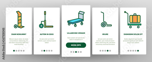 Handcart Transport Onboarding Mobile App Page Screen Vector. Cargo Handcart For Transportation And Delivery Box And Baggage, Forklift And Cart Illustrations