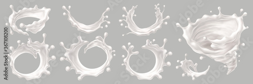 Fotomurale Milk splashes, vector isolated yogurt liquid waves, realistic, set on transparent background