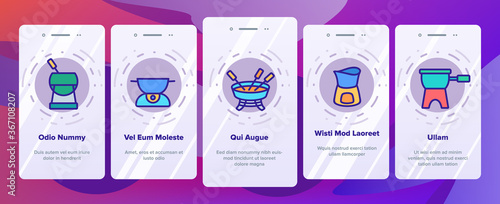 Fondue Pot Equipment Onboarding Mobile App Page Screen Vector. Fondue Device For Cooking Melted Cheese Dish, Kitchen Utensil And Skewer Illustrations
