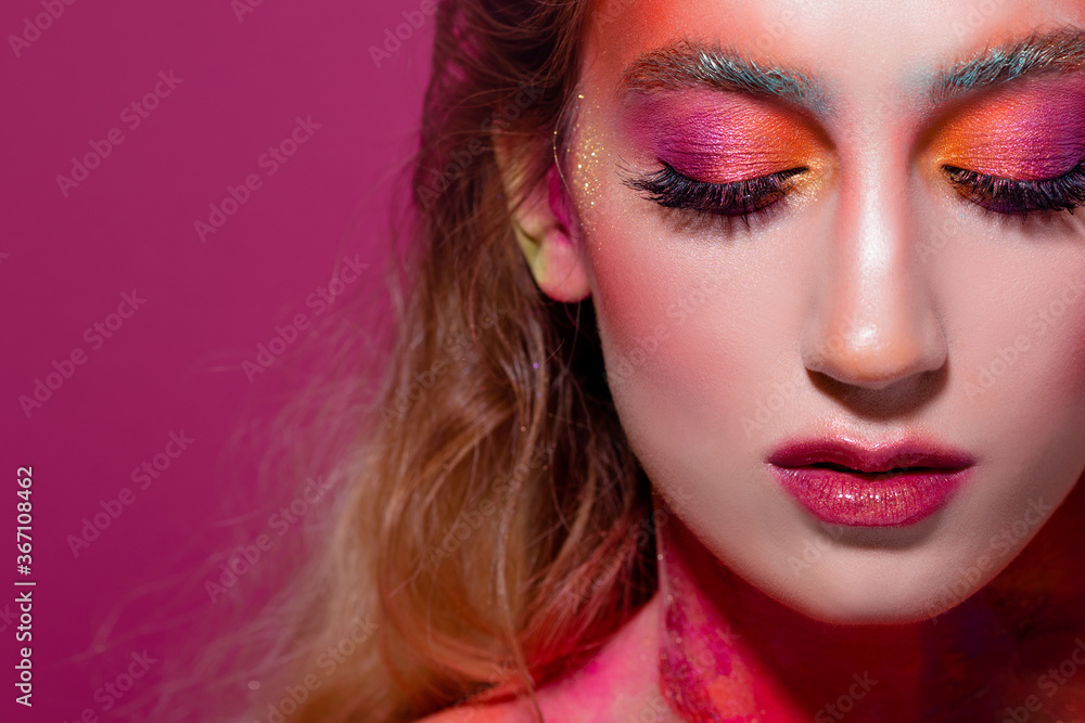 Bright makeup and face art, close-up portrait, girl with closed eyes. Creative makeup, Bright makeup and face art, close-up portrait, girl with closed eyes. Creative makeup,
