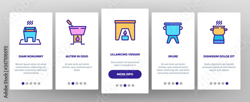 Fondue Pot Equipment Onboarding Mobile App Page Screen Vector. Fondue Device For Cooking Melted Cheese Dish, Kitchen Utensil And Skewer Illustrations