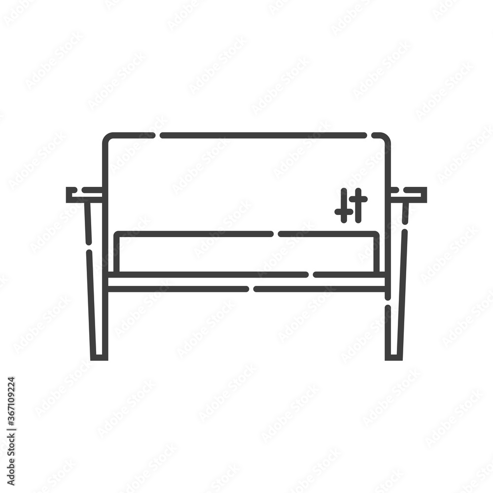Comfortable sofa with one pillow. Image of couch in line art style. Element furniture of the interior. Modern stylish object for relaxation. Flat illustration with settee on white background Comfortable sofa with one pillow. Image of couch in line art style. Element furniture of the interior. Modern stylish object for relaxation. Flat illustration with settee on white background