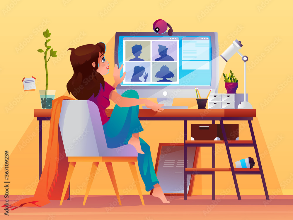 Woman doing conference video call. Girl at computer using online chat for  professional meeting. Cartoon people at distance discussion or remote  presentation, training or seminar. Modern communication Stock Vector |  Adobe Stock