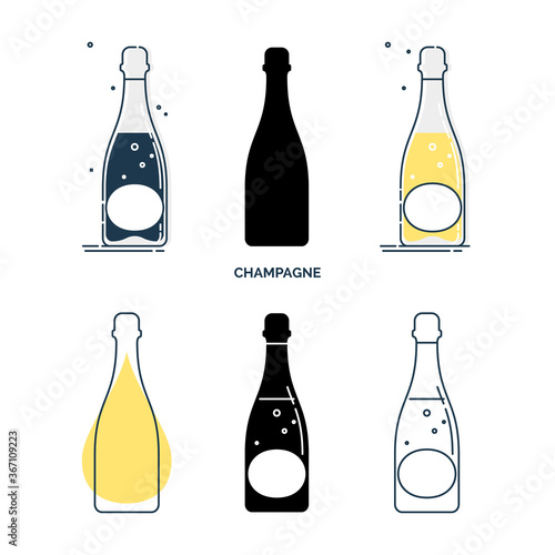 Set of bottles with champagne in different styles. Template alcohol beverage for restaurant, bar, pub. Symbol party. Collection one drink. Isolated flat illustration on white background