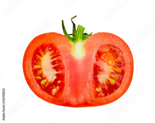 Half of a red tomato isolated on a white background close-up. Slice. Details. Macro. Template. Seeds. Pulp. Inside view of the vegetable.