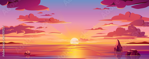 Panorama of sea sunset or ocean sunrise. Vector illustration of water and sky horizon, sun reflection. Dusk or dawn, evening or morning beach landscape. Scenery background or island backdrop © Sensvector
