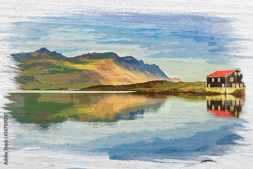 One house on river bank, Iceland, watercolor painting