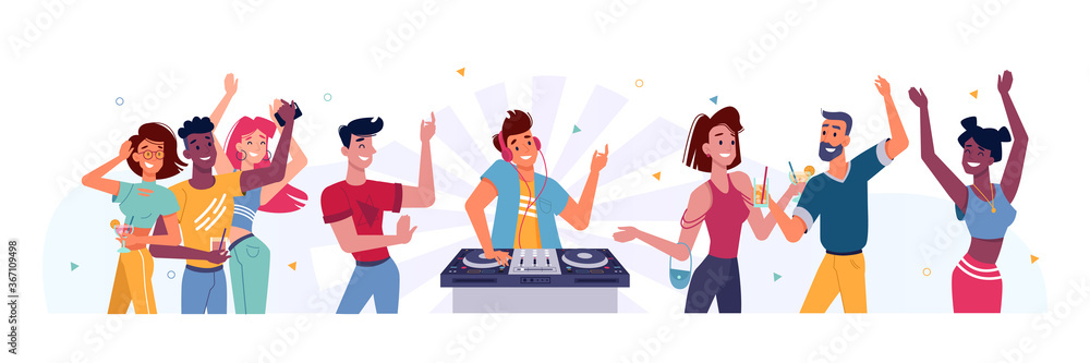 Set of people dancing at party and DJ. Man at turntable near happy person at birthday or holiday celebration, concert. Nightclub young crowd. Friend group entertainment. Music and dancer theme