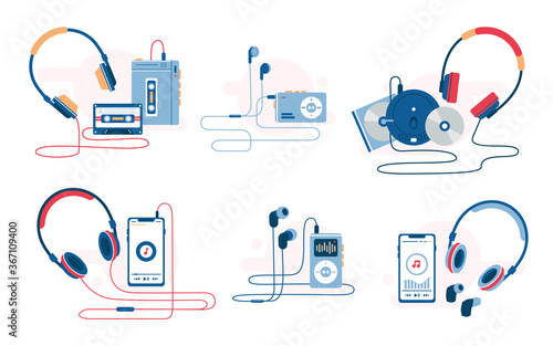 Music player evolution vector illustration. Set of retro and modern music listening devices. Cassette and cd player, smartphone with wire earphones and wireless headphones. Sound history.