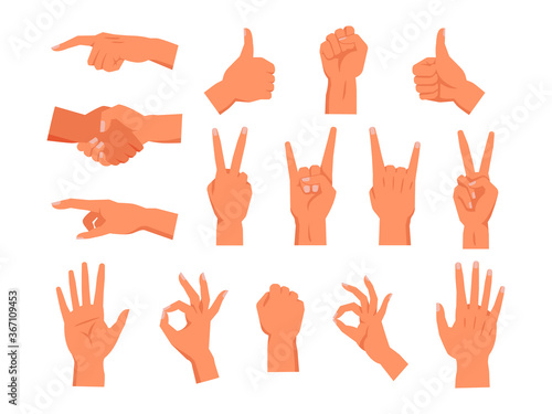 Set of vector hand gesture. Non verbal palm symbol. Clenched or raised fist, finger pointing or touch, thumb up, handshake, sign of horns or rock, high five, victory or peace, ok, good. Human gestures