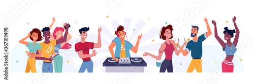 Set of people dancing at party and DJ. Man at turntable near happy person at birthday or holiday celebration, concert. Nightclub young crowd. Friend group entertainment. Music and dancer theme