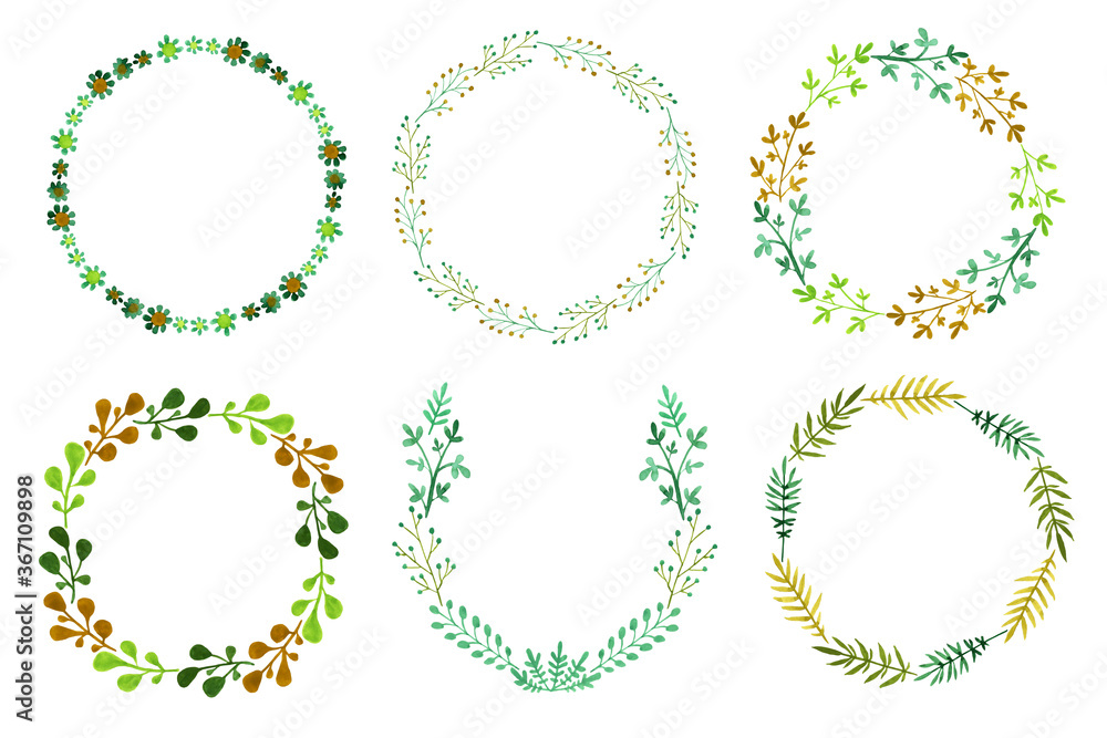 Set of hand drawn decorative wreaths. Collection of watercolor floral circle borders and frames for design cards or templates