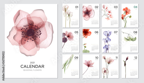 2021 calendar template on a botanical theme. Calendar design concept with abstract seasonal flowers. Set of 12 months 2021 pages. Vector illustration