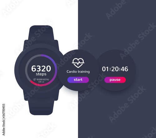 Smart watch with fitness app, activity tracker, timer, step counter, ui design
