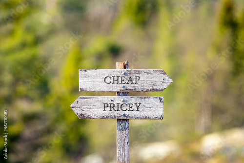 cheap pricey text carved on wooden signpost outdoors in nature. Green soft forest bokeh in the background.