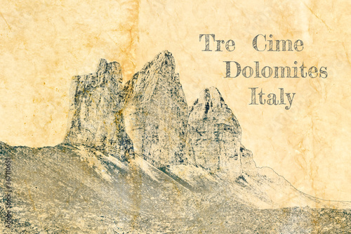 Tre Cime peaks in Dolomites...