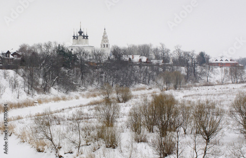 View of the Orthodox Church of the ascension Church in Suzdal in winter.