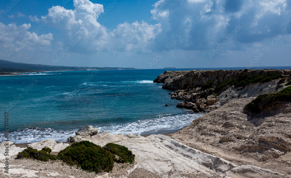 The rocky coast of the Mediterranean Sea on the Akamas Peninsula in the northwest of the island of Cyprus.