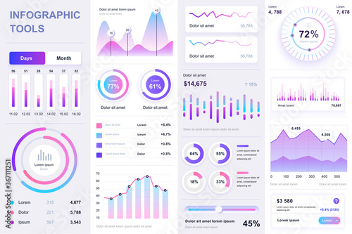 Bundle infographic UI, UX, KIT elements. Different charts, diagrams, workflow, flowchart, timeline, schemes, marketing icons, graphs and bars design template. Vector info graphic and infographics set.