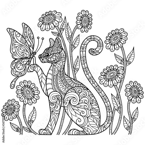 Cat and butterfly. Hand drawn sketch illustration for adult coloring book