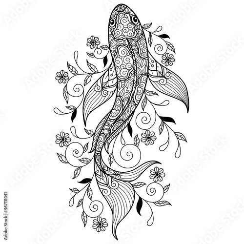 Koi fish. Hand drawn sketch illustration for adult coloring book