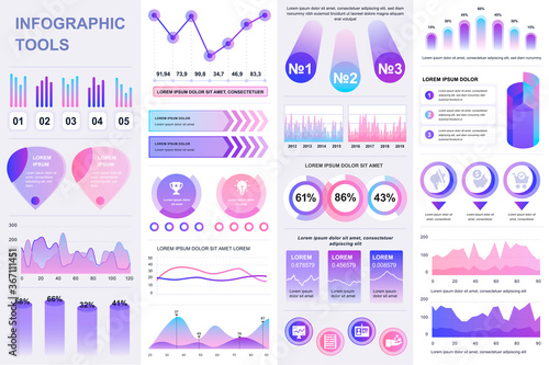 Bundle infographic UI, UX, KIT elements. Different charts, diagrams, workflow, flowchart, timeline, schemes, marketing icons, graphs and bars design template. Vector info graphic and infographics set.