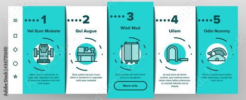 Carpenter Equipment Onboarding Mobile App Page Screen Vector. Protect Glasses And Saw, Drill And Hammer, Working Table, Vise And Box With Carpenter Tool Illustrations